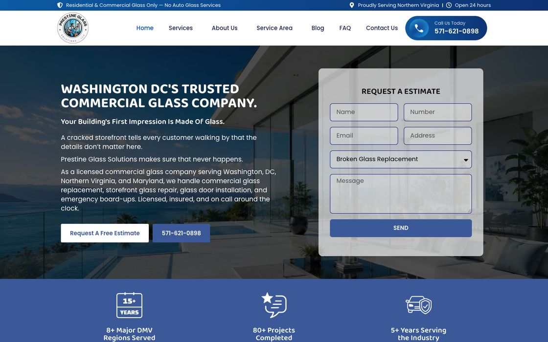 Prestine Glass Solutions website by Newdeez